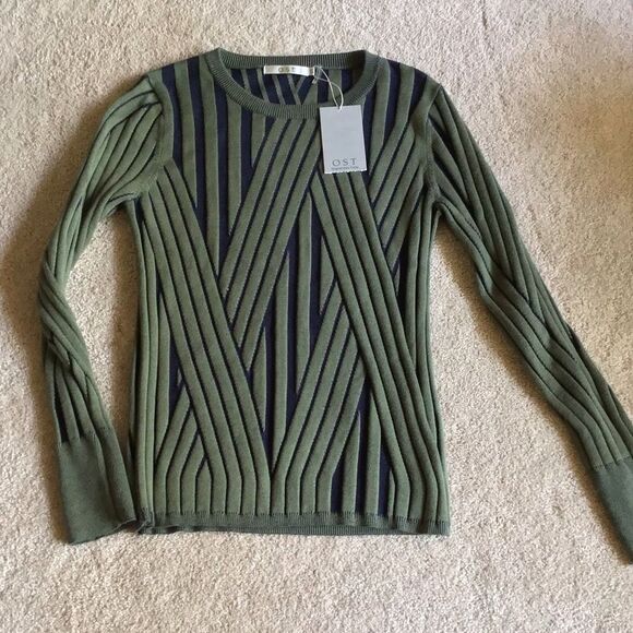 NWT OST Green and Dark Blue Striped Sweater - Picture 1 of 6